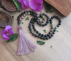 SALE - Bohemian Black Gold Obsidian, Unakite, Bloodstone Beaded Mala Tassel Necklace