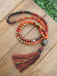 108 Beads in Bright Red Orange Carnelian Tassel Necklace for Growth + Fertility