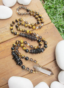 Tiger Eye Mala Necklace in Smoky Quartz Double Terminated Pendant Point