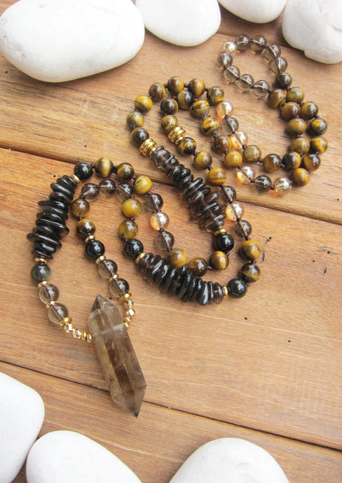 Tiger Eye, Smoky Quartz Mala Necklace in Yellow Fluorite Bullet Pendant Point