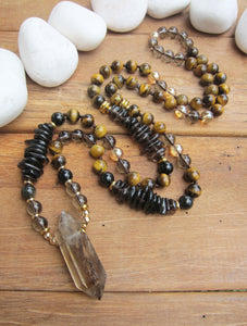 Tiger Eye, Smoky Quartz Mala Necklace in Yellow Fluorite Bullet Pendant Point