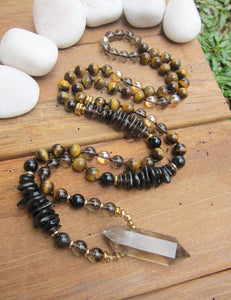 Tiger Eye Mala Necklace in Smoky Quartz Double Terminated Pendant Point