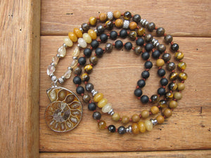 SALE - Ammonite Fossil, Bronzite, Black Onyx and Tigers Eye Mala Necklace