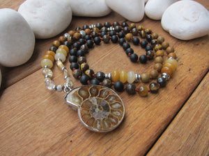 SALE - Stunning Ammonite Fossil, Bronzite, Black Onyx, Tigers Eye Mala Necklace