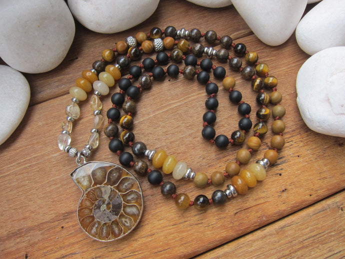 SALE - Stunning Ammonite Fossil, Bronzite, Black Onyx, Tigers Eye Mala Necklace