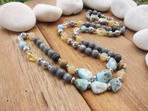 Larimar, Citrine Stainless Steel Clasp Necklace