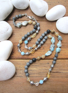 Larimar, Citrine Stainless Steel Clasp Necklace