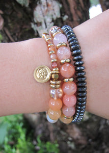 Sunstone, Pink Rose Quartz, Pink Moroccan Agate Mala Bracelet in 27 Beads w/ 24 Gold Filled OM Charm