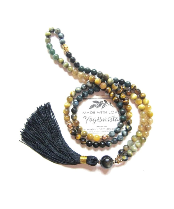 Honey Mustard, Blue Tiger Eye, Yellow Apatite in 108 Mala Necklace