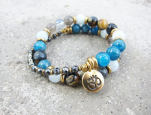 27 Bead Mala in Blue Apatite, Aquamarine, Honey Mustard Tiger Eye Bracelet