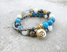 27 Bead Mala in Blue Apatite, Aquamarine, Honey Mustard Tiger Eye Bracelet