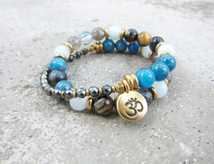 27 Bead Mala in Blue Apatite, Aquamarine, Honey Mustard Tiger Eye Bracelet