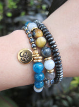 27 Bead Mala in Blue Apatite, Aquamarine, Honey Mustard Tiger Eye Bracelet