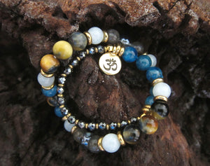 27 Bead Mala in Blue Apatite, Aquamarine, Honey Mustard Tiger Eye Bracelet