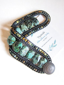 African turquoise and honey mustard imperial jasper finished 5 row cuff beaded bracelet