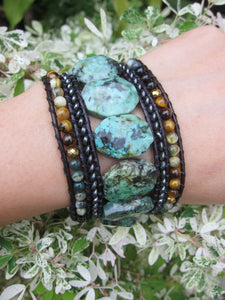 Imperial Turquoise Gemstone - 5 Row Cuff Leather Wrap Bracelet (fits wrist size 7.5 to 8 inch)