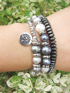Balinese Baroque Grey Blue White Pearl Mala Bracelet - Balance, Fertility, Calming, Happiness