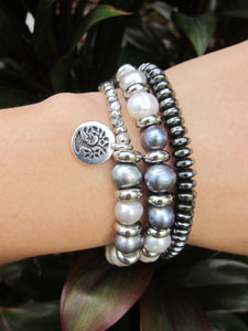 Balinese Baroque Grey Blue White Pearl Mala Bracelet - Balance, Fertility, Calming, Happiness