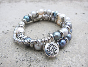 balinese baroque freshwater gray pearl and silver hematite bracelet with tree of life charm