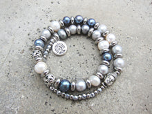 Balinese Baroque Grey Blue White Pearl Mala Bracelet - Balance, Fertility, Calming, Happiness