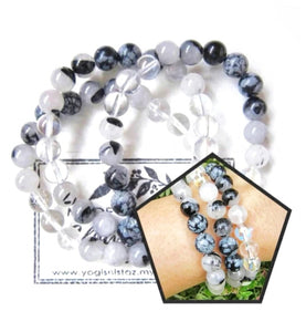 Black White Tourmaline Quartz Single Mala Bracelet - for protection and grounding healing purposes