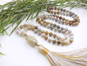 SALE - Fossil Coral, Crazy Agate, Jasper Mala Tassel Necklace