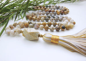 SALE - Fossil Coral, Crazy Agate, Jasper Mala Tassel Necklace