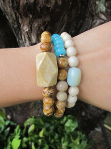 3 piece set - River Stone, Fossil Coral, Teal Blue Jade Mala Bracelets