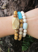 3 piece set - River Stone, Fossil Coral, Teal Blue Jade Mala Bracelets