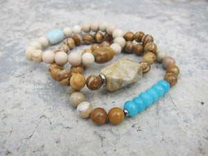 3 piece set - River Stone, Fossil Coral, Teal Blue Jade Mala Bracelets