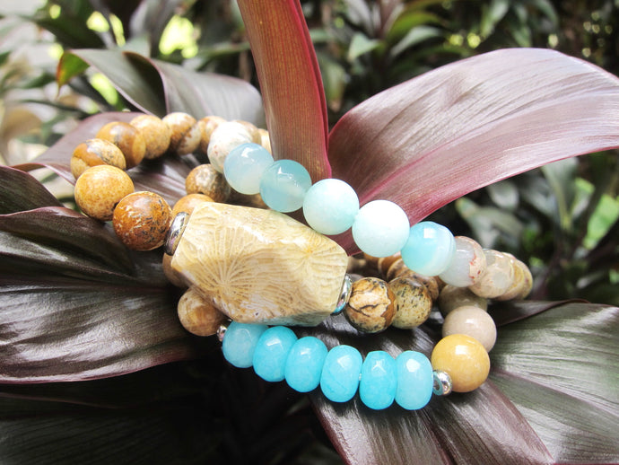 3 piece set - Fossil Coral, Jasper, Amazonite, Teal Blue Jade Mala Bracelets