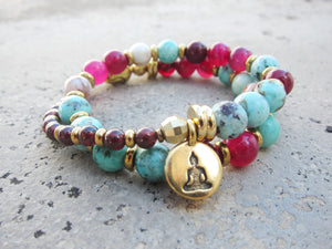 Peruvian Turquoise, Pink Fuchsia Agate in 27 Bead Mala Bracelet