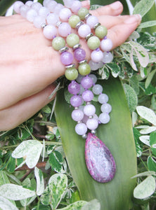 SALE - Bohemian Selenite, Kunzite Mala Beaded Jasper Pendant Necklace