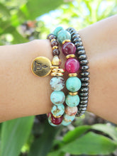 Peruvian Turquoise, Pink Fuchsia Agate in 27 Bead Mala Bracelet