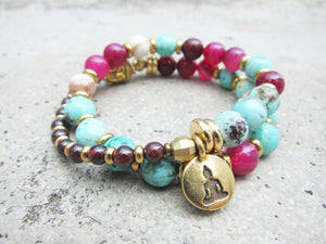 Peruvian Turquoise, Pink Fuchsia Agate in 27 Bead Mala Bracelet