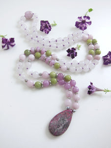 SALE - Bohemian Selenite, Kunzite Mala Beaded Jasper Pendant Necklace