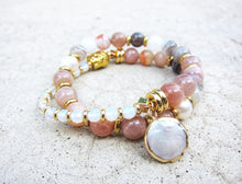 Baroque Pearl, Botswana Lace Agate, Sunstone, Moonstone Mala Bracelet in 27 Beads