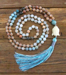 108 Buddha Mala Beaded Necklace in Sunstone, Moonstone, Amazonite and Aventurine