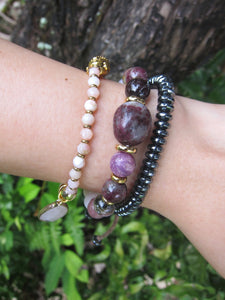 Plum Tourmaline, Pink Opal, Rose Quartz + Lepidolite in 27 Bead Mala Bracelet