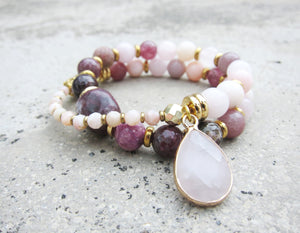 Plum Tourmaline, Pink Opal, Rose Quartz + Lepidolite in 27 Bead Mala Bracelet