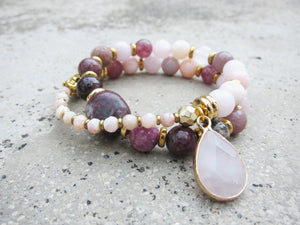 Plum Tourmaline, Pink Opal, Rose Quartz + Lepidolite in 27 Bead Mala Bracelet