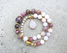 Plum Tourmaline, Pink Opal, Rose Quartz + Lepidolite in 27 Bead Mala Bracelet