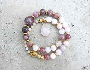 Plum Tourmaline, Pink Opal, Rose Quartz + Lepidolite in 27 Bead Mala Bracelet