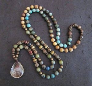 Rustic Bohemian Natural Quartz Pendant Beaded Necklace