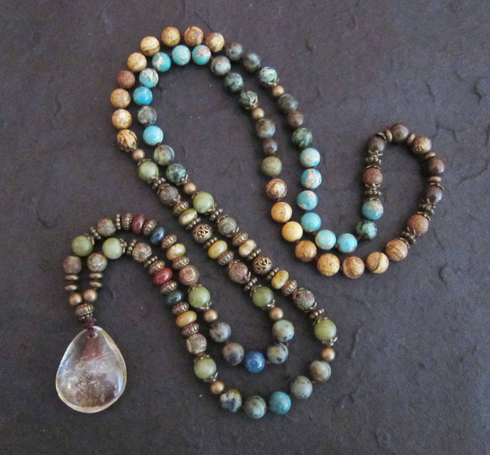 Rustic Bohemian Natural Quartz Pendant Beaded Necklace