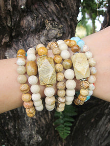 2 piece set - River Stone and Fossil Coral Guru Mala Bracelet