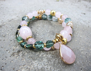 Pink and Phantom Quartz Love Mala Necklace in Dark Green Emerald Pendant