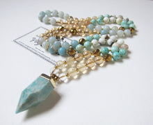 Bohemia Opal, Peruvian Turquoise Mala Necklace with Russian Amazonite Point Pendant