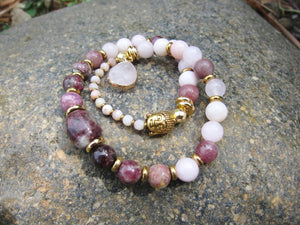 Plum Tourmaline, Pink Opal, Rose Quartz + Lepidolite in 27 Bead Mala Bracelet