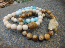 3 piece set - Fossil Coral, Jasper, Amazonite, Teal Blue Jade Mala Bracelets